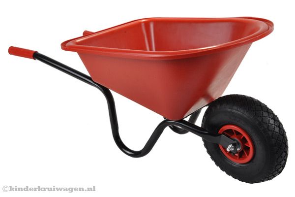 Kinderkruiwagen met rode bak.